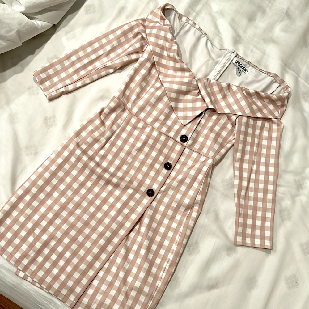 Off-the-shoulder Neutral Gingham Dress